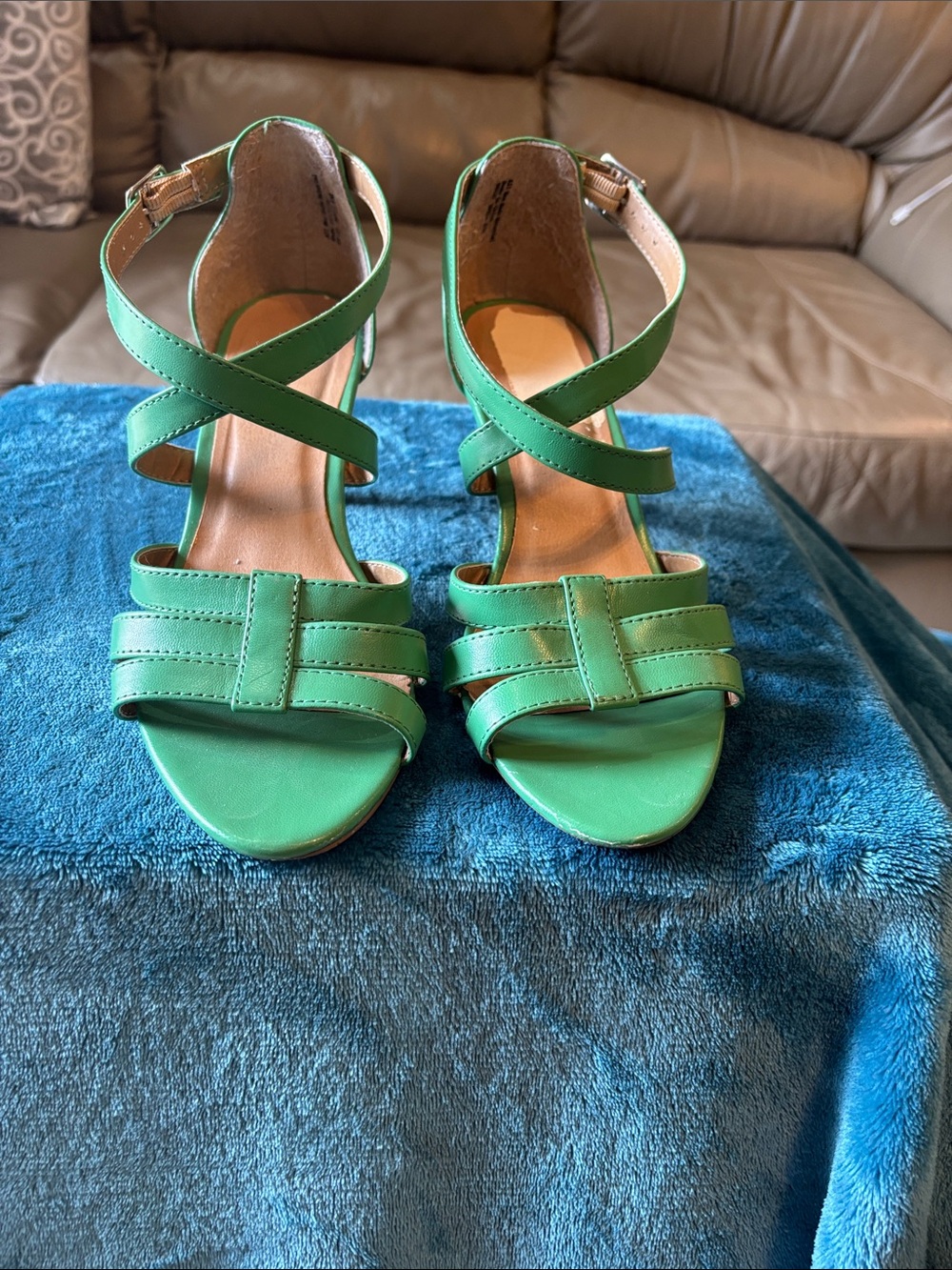 Green Crisscross Strap Heeled Sandals